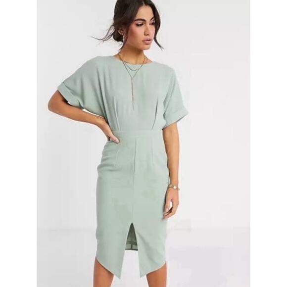 NWT ASOS Wiggle Midi Dress Size 8 Petite Sage Green Split Front Business Casual - Picture 1 of 10